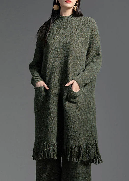 Chic, modern looks for the stylish woman Elegant Green Tasseled Patchwork Wool Knitting Dress Winter Chic, modern looks for the stylish woman Elegant Green Tasseled Patchwork Wool Knitting Dress Winter