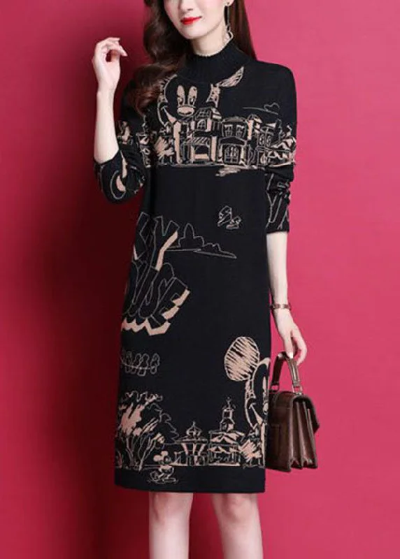 Elevate your style with fashionable women’s clothing Fashion Black High Neck Print Thick Knit Holiday Dress Long Sleeve Elevate your style with fashionable women’s clothing Fashion Black High Neck Print Thick Knit Holiday Dress Long Sleeve