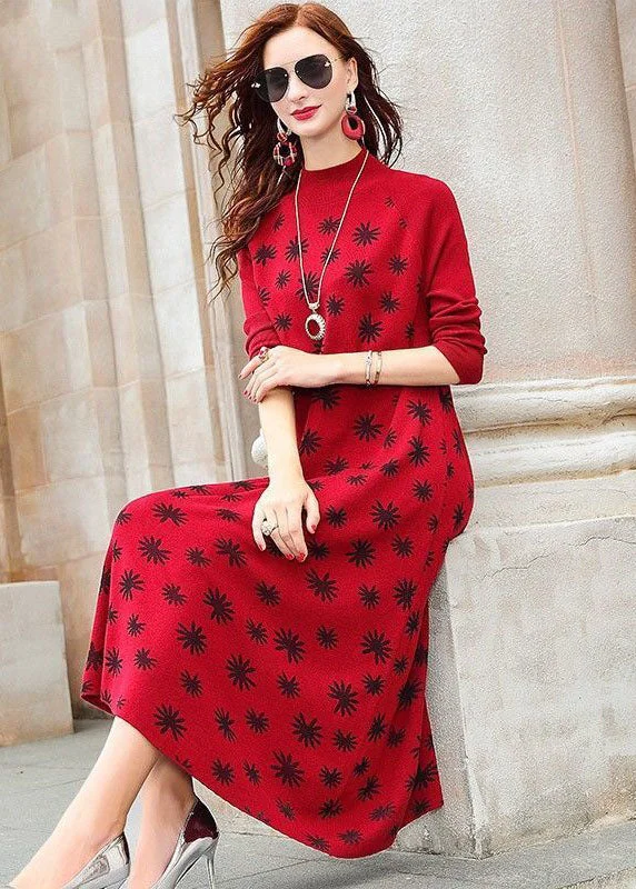 Trendsetting women’s clothing for fashion lovers Modern Red High Neck Print Exra Large Hem Fine Knitted Long Dress Long Sleeve Trendsetting women’s clothing for fashion lovers Modern Red High Neck Print Exra Large Hem Fine Knitted Long Dress Long Sleeve