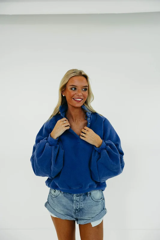 Step up your style with trendy women’s clothing   Piper Snap Sweatshirt - Cobalt Blue