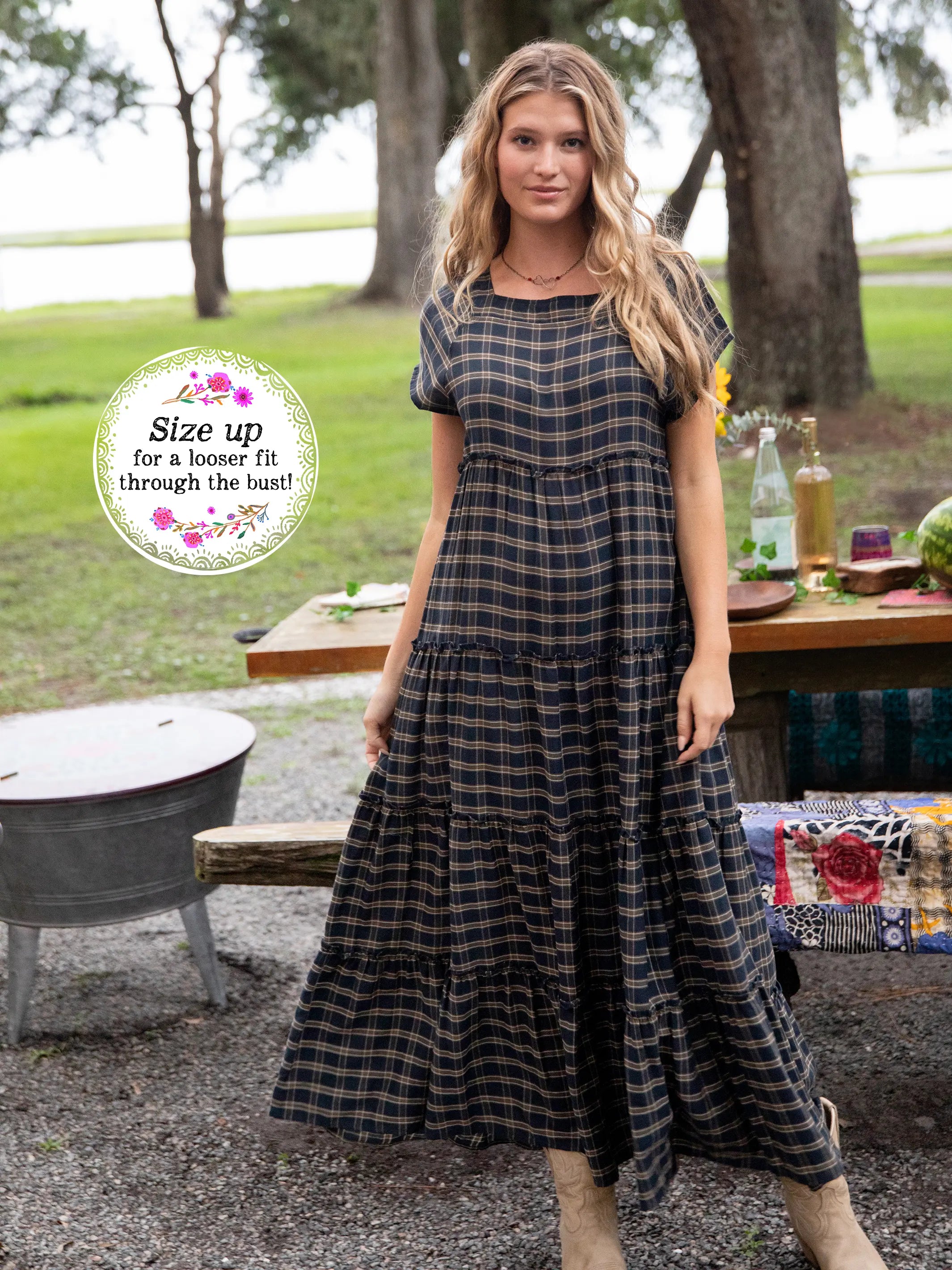 Casual yet chic women’s outfits for work or play Plaid Berkley Maxi Dress - Navy Tan Plaid Casual yet chic women’s outfits for work or play Plaid Berkley Maxi Dress - Navy Tan Plaid