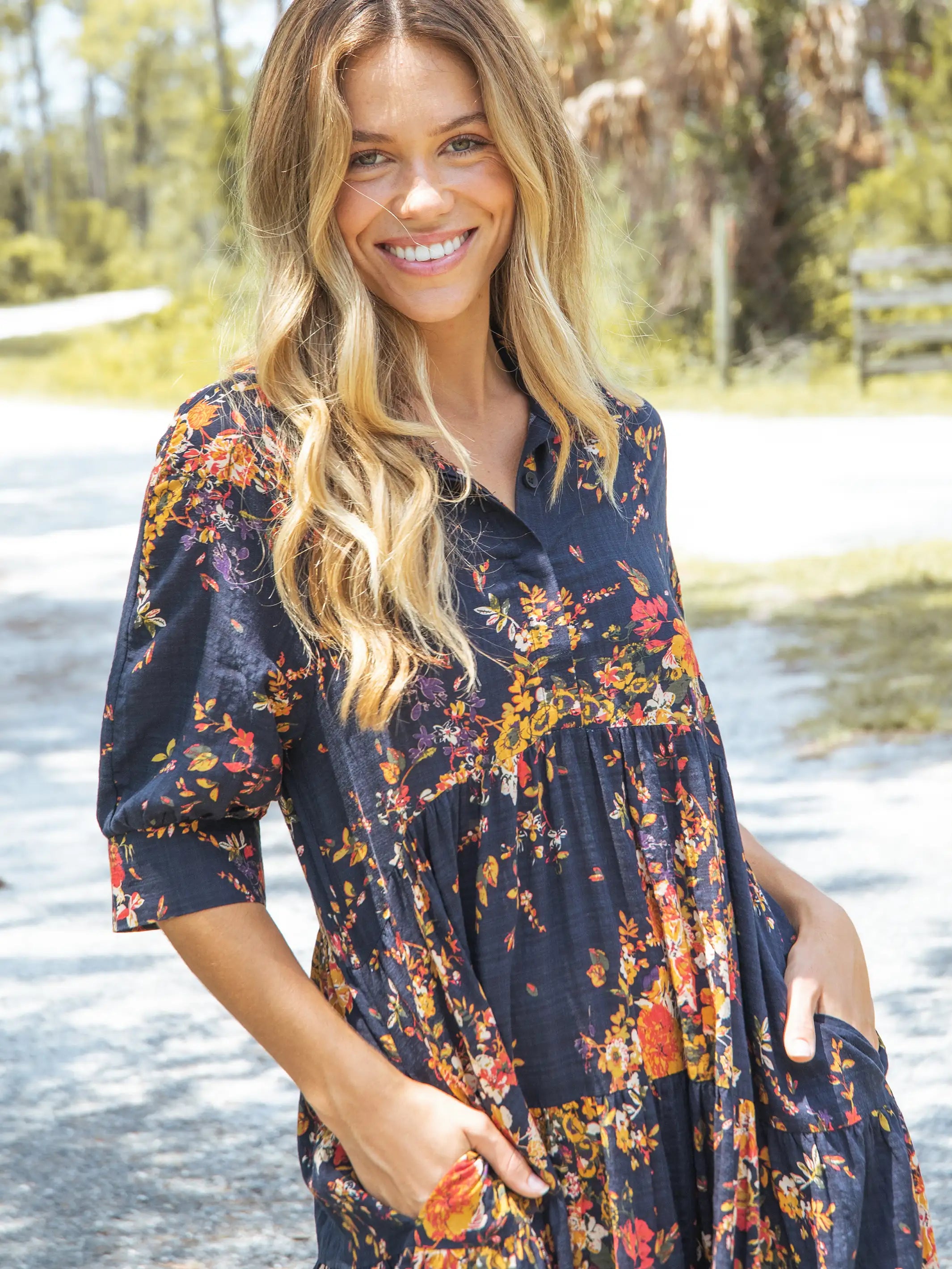 Dress up or down with these versatile pieces   Rebecca Midi Dress - Navy Red Bouquets