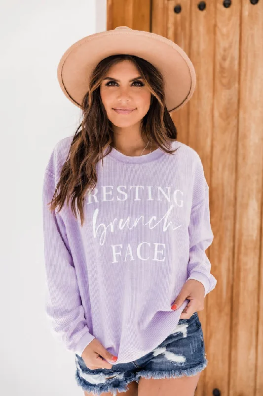 Luxurious fabrics and modern designs for women Resting Brunch Face Corded Graphic Sweatshirt Lilac FINAL SALE Luxurious fabrics and modern designs for women Resting Brunch Face Corded Graphic Sweatshirt Lilac FINAL SALE