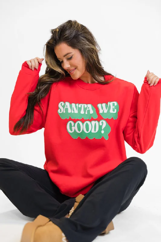 Latest fashion trends for modern women Santa We Good Red Oversized Graphic Sweatshirt Latest fashion trends for modern women Santa We Good Red Oversized Graphic Sweatshirt