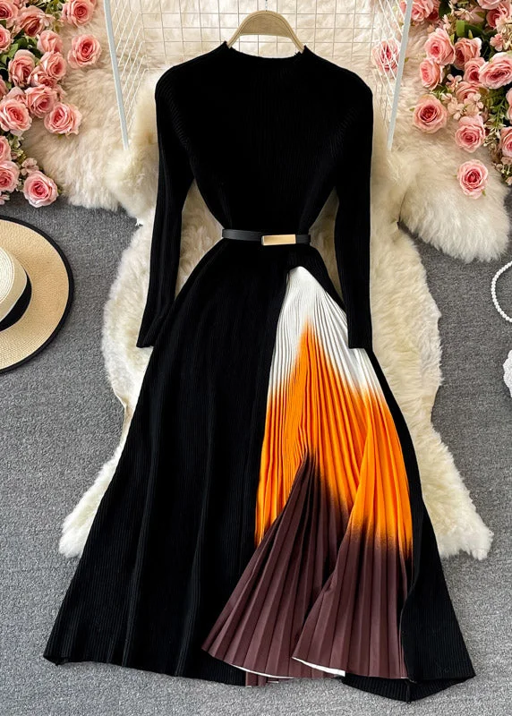 Statement pieces for the confident woman Simple Black Stand Collar Wrinkled Patchwork Sashes Knit Long Dress Spring Statement pieces for the confident woman Simple Black Stand Collar Wrinkled Patchwork Sashes Knit Long Dress Spring