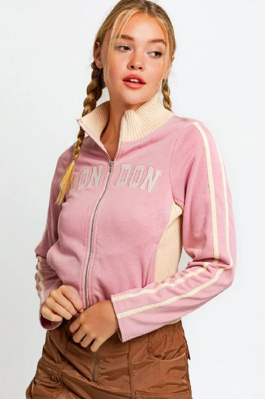 Sustainable fashion for stylish women Hot Girl Tasha Long Sleeve Mock Neck LONDON Embroidered Zip Up Sweatshirt In Blush Pink Sustainable fashion for stylish women Hot Girl Tasha Long Sleeve Mock Neck LONDON Embroidered Zip Up Sweatshirt In Blush Pink