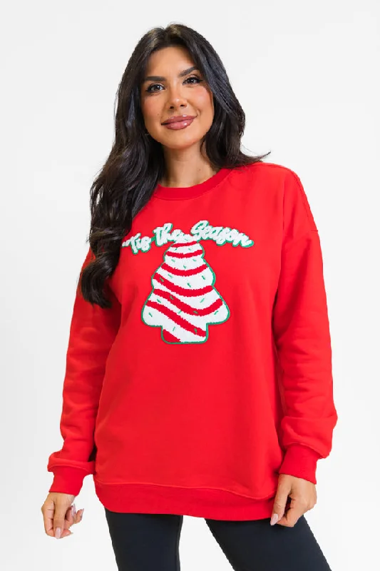 Statement pieces for the confident woman Tis The Season Christmas Cake Patch Red Oversized Graphic Sweatshirt Statement pieces for the confident woman Tis The Season Christmas Cake Patch Red Oversized Graphic Sweatshirt