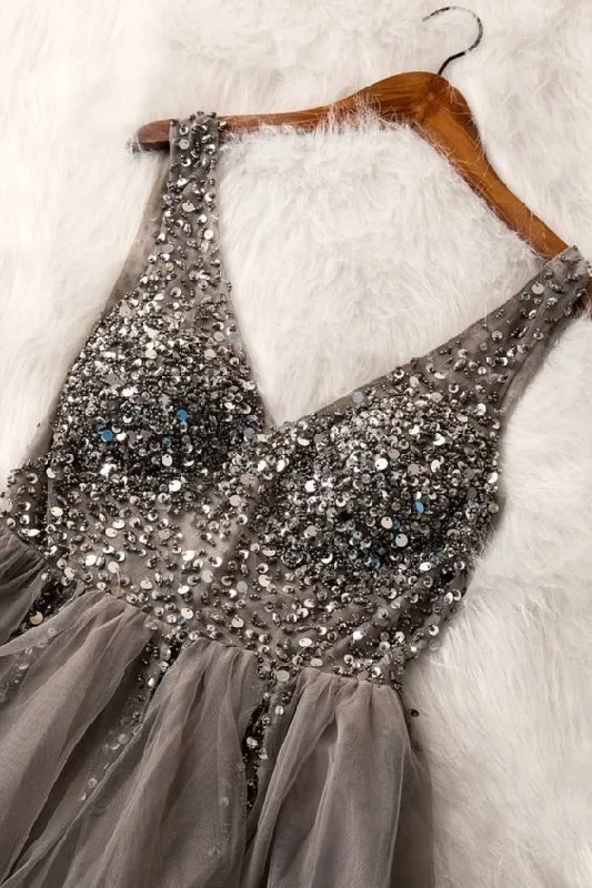 Elegant evening wear for special events A-line grey tulle long evening prom dress with sparkles cg14809 Elegant evening wear for special events A-line grey tulle long evening prom dress with sparkles cg14809
