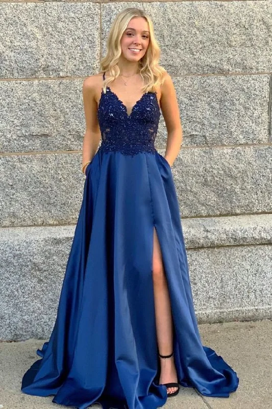 Stylish women’s clothing designed for comfort A-line navy blue satin long winter formal prom dress with pockets and side slit cg14876 Stylish women’s clothing designed for comfort A-line navy blue satin long winter formal prom dress with pockets and side slit cg14876