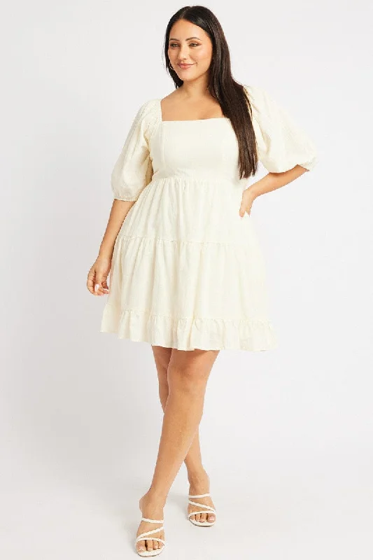 A perfect wardrobe for fashionable women   Beige Square Neck Puff Sleeve Minidress