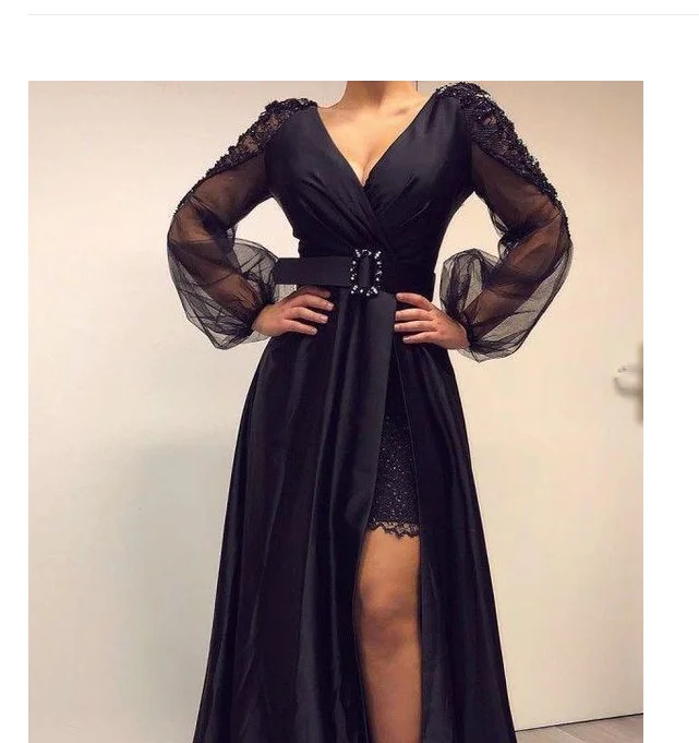 Soft, breathable fabrics for fashionable women Black prom dresses long sleeve a line side slit pleats long sleeve long evening dresses cg14921 Soft, breathable fabrics for fashionable women Black prom dresses long sleeve a line side slit pleats long sleeve long evening dresses cg14921
