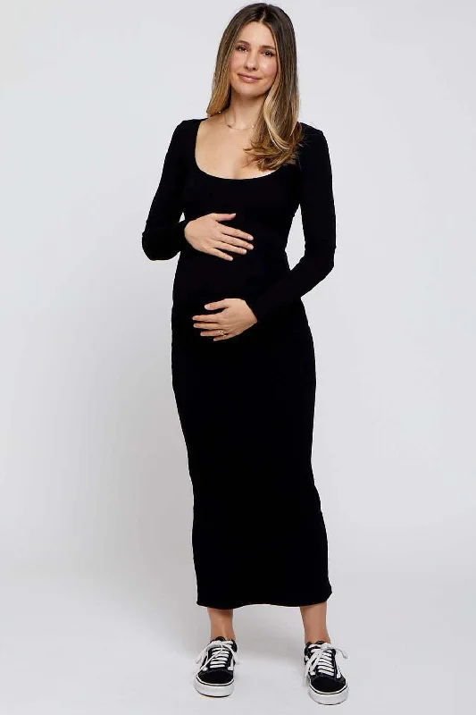 Fashionable clothing to fit every body type Black Ribbed Scoop Neck Maternity Midi Dress Fashionable clothing to fit every body type Black Ribbed Scoop Neck Maternity Midi Dress
