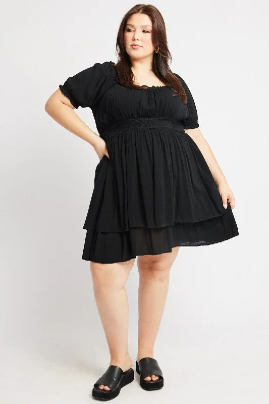 Curated collections for modern, fashionable women Black Shirred Waist Crinkle Scoop Neck Minidress Curated collections for modern, fashionable women Black Shirred Waist Crinkle Scoop Neck Minidress
