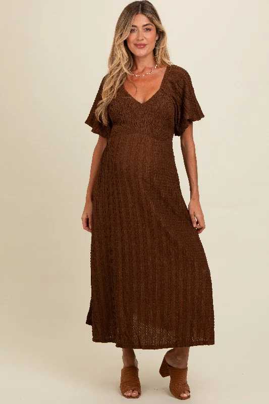 Refresh your closet with chic and comfy styles Brown Smocked V-Neck Short Puff Sleeve Textured Maternity Midi Dress Refresh your closet with chic and comfy styles Brown Smocked V-Neck Short Puff Sleeve Textured Maternity Midi Dress