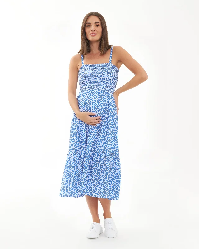 Sustainable fashion for stylish women   Capri Shirred Dress  White / Lapis