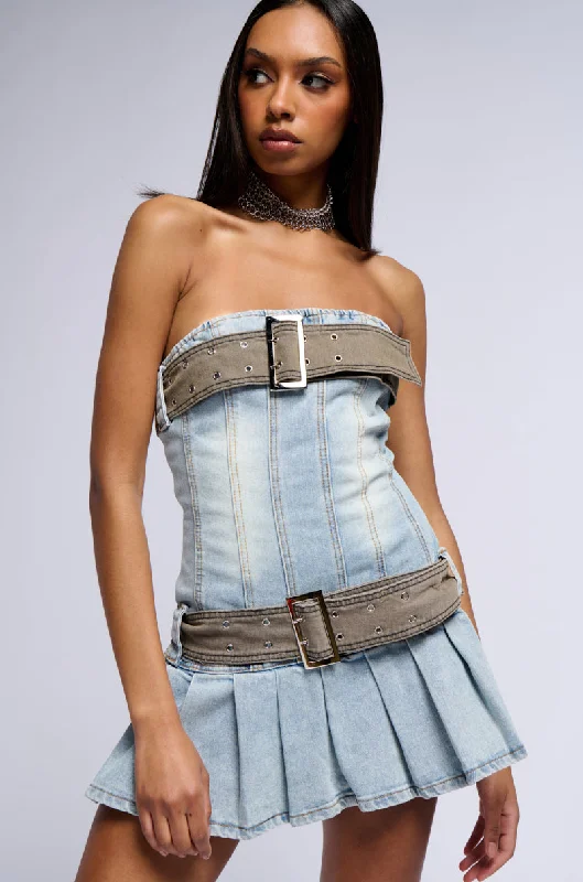 Essential women’s clothing for every season   COOL GIRL CLUB BELTED DENIM MINI DRESS