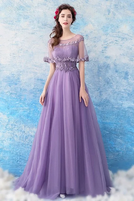 Dress up or down with these versatile pieces Elegant Purple Long Tulle Prom Formal Dress With Beaded Cape cg14845 Dress up or down with these versatile pieces Elegant Purple Long Tulle Prom Formal Dress With Beaded Cape cg14845