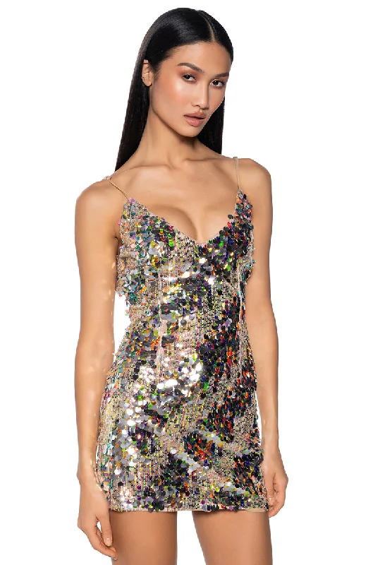Refresh your closet with chic and comfy styles ESTEFANA MULTI COLOR SEQUIN MINI DRESS Refresh your closet with chic and comfy styles ESTEFANA MULTI COLOR SEQUIN MINI DRESS