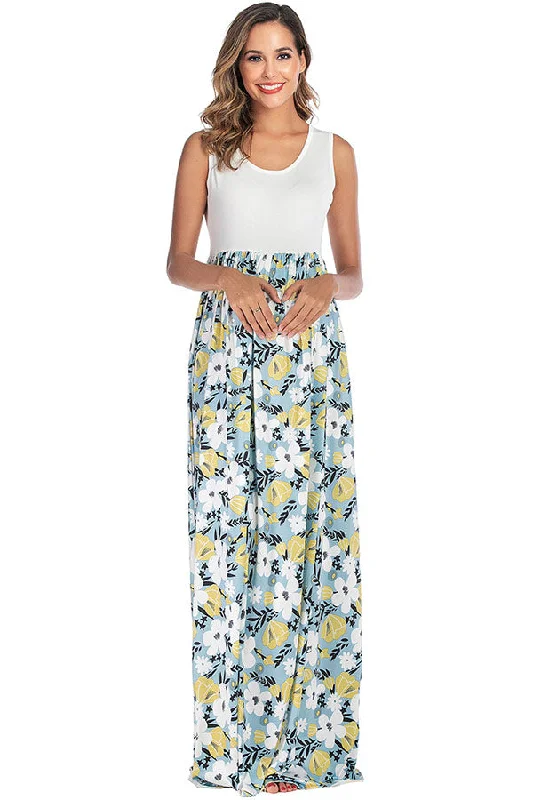 Chic, modern fashion for empowered women Floral Sleeveless Two-tone Long Maternity Dress Chic, modern fashion for empowered women Floral Sleeveless Two-tone Long Maternity Dress