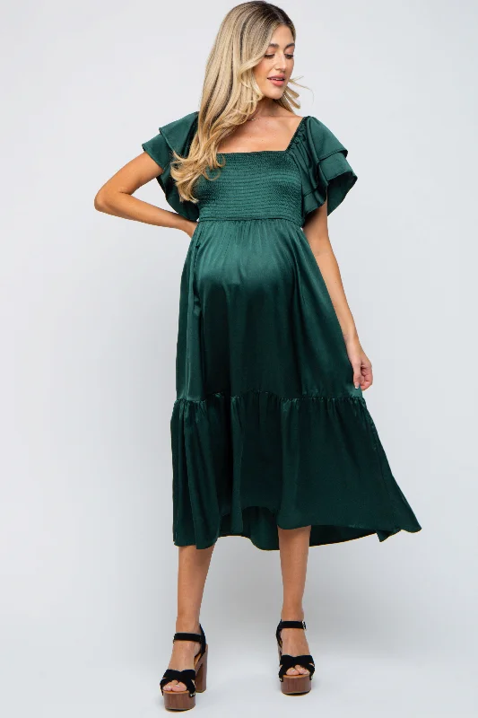 Feminine and fashionable clothing for every wardrobe Forest Green Satin Flutter Sleeve Maternity Midi Dress Feminine and fashionable clothing for every wardrobe Forest Green Satin Flutter Sleeve Maternity Midi Dress