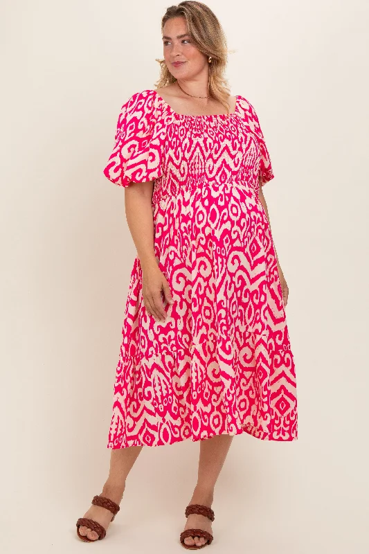 Effortlessly stylish outfits for the modern woman Fuchsia Printed Smocked Puff Sleeve Plus Maternity Midi Dress Effortlessly stylish outfits for the modern woman Fuchsia Printed Smocked Puff Sleeve Plus Maternity Midi Dress