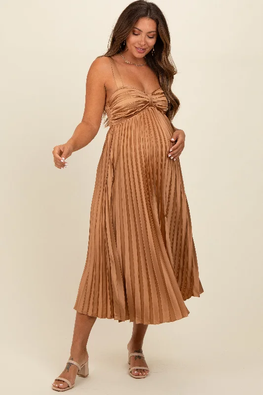 Fashionable clothing to fit every body type Gold Satin Pleated Sweetheart Maternity Midi Dress Fashionable clothing to fit every body type Gold Satin Pleated Sweetheart Maternity Midi Dress