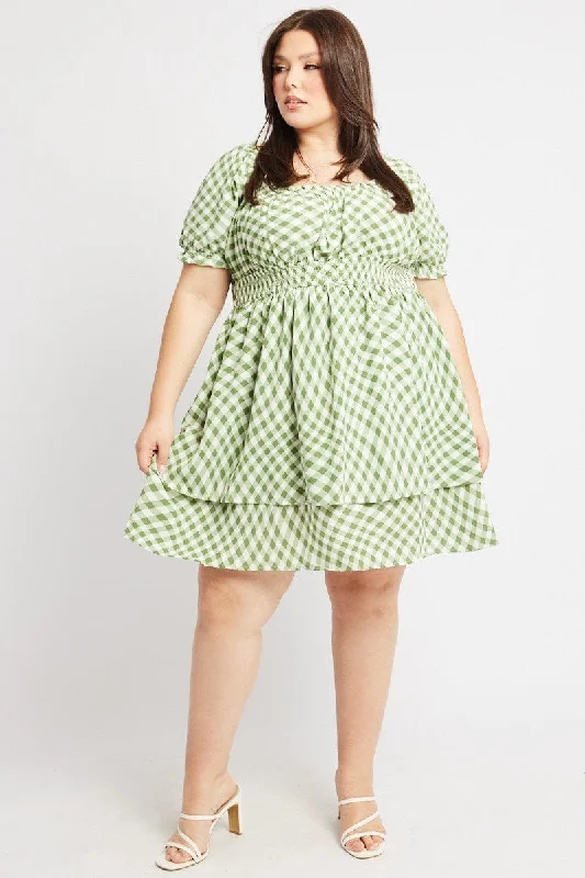 Step into style with our women’s clothing collection Green Check Shirred Waist Scoop Neck Minidress Step into style with our women’s clothing collection Green Check Shirred Waist Scoop Neck Minidress