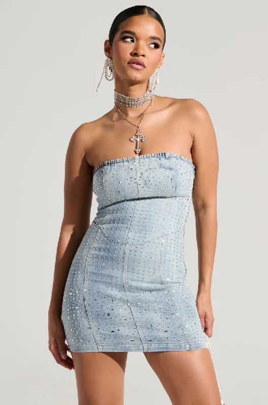 Elegant evening wear for special events   JUST WANNA ROCK DENIM RHINESTONE MINI DRESS