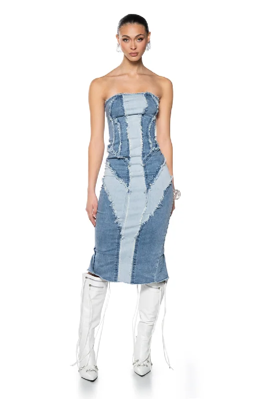 Summer-ready fashion for stylish women   LAYLA DENIM PATCHWORK MIDI DRESS