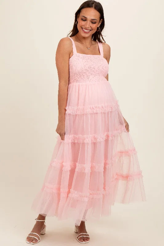 Affordable fashion that looks high-end Light Pink Smocked Ruffle Tiered Tulle Maternity Midi Dress Affordable fashion that looks high-end Light Pink Smocked Ruffle Tiered Tulle Maternity Midi Dress