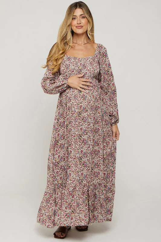 Luxurious fabrics and modern designs for women Mauve Floral Long Sleeve Maternity Maxi Dress Luxurious fabrics and modern designs for women Mauve Floral Long Sleeve Maternity Maxi Dress