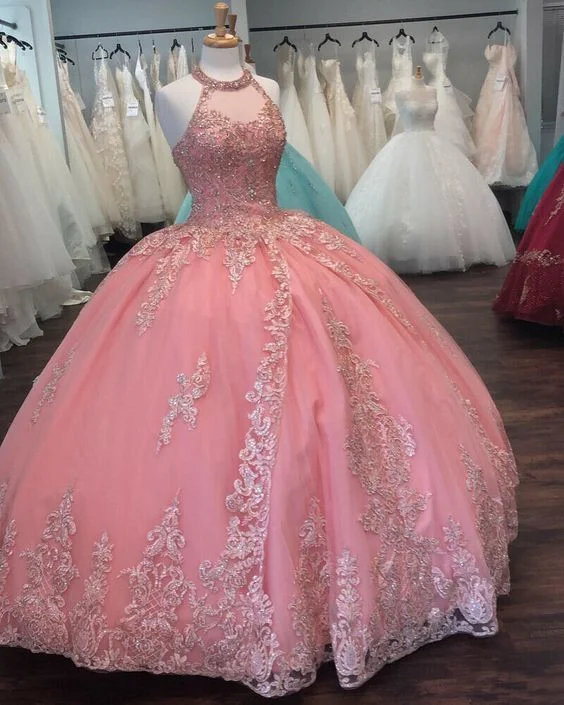 Timeless women’s fashion for any occasion Pink Halter Ball Gown Dress With Lace ,prom dresses cg14878 Timeless women’s fashion for any occasion Pink Halter Ball Gown Dress With Lace ,prom dresses cg14878