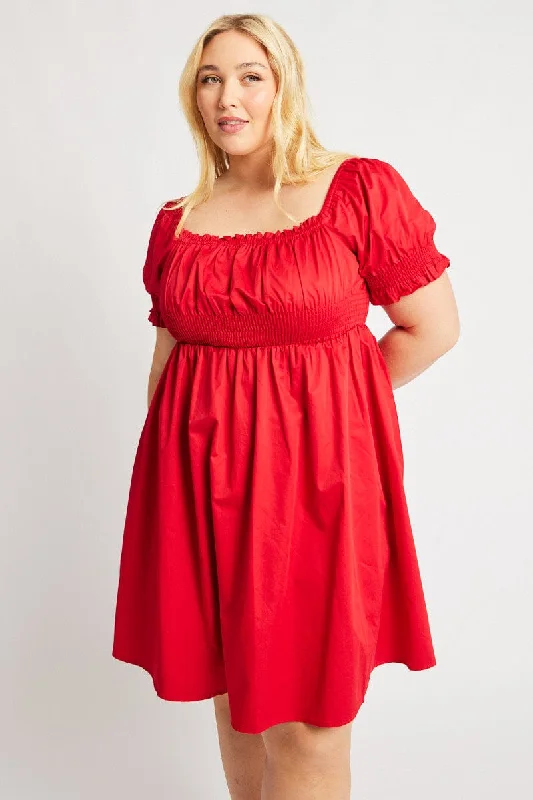 Dress to impress with elegant women’s wear Red Shirred Waist Cotton Poplin Minidress Dress to impress with elegant women’s wear Red Shirred Waist Cotton Poplin Minidress
