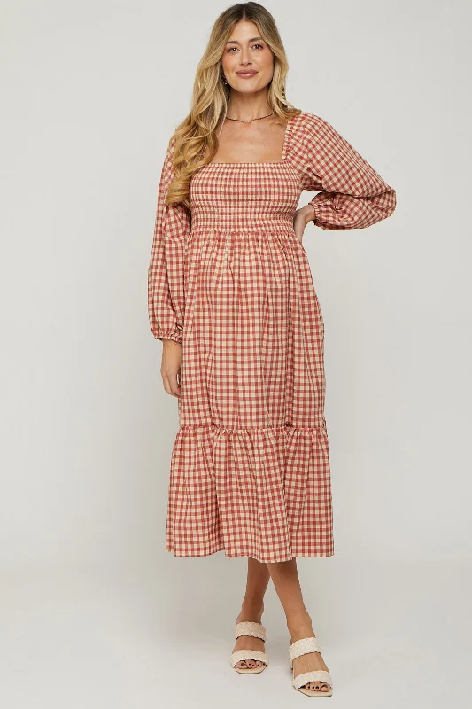 Stylish and comfortable outfits for women Rust Gingham Long Sleeve Maternity Midi Dress Stylish and comfortable outfits for women Rust Gingham Long Sleeve Maternity Midi Dress