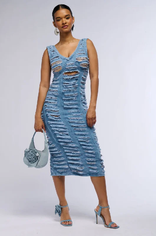 Elevate your style with fashionable women’s clothing SHE'S GOT IT SHREDDED DENIM MIDI DRESS Elevate your style with fashionable women’s clothing SHE'S GOT IT SHREDDED DENIM MIDI DRESS