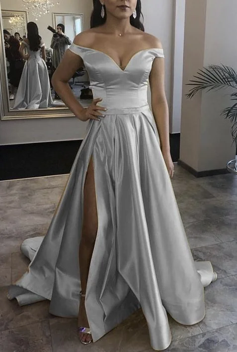 Sleek and sophisticated fashion for modern women Silver prom long dresses 2021 off the shoulder split gown cg14790 Sleek and sophisticated fashion for modern women Silver prom long dresses 2021 off the shoulder split gown cg14790