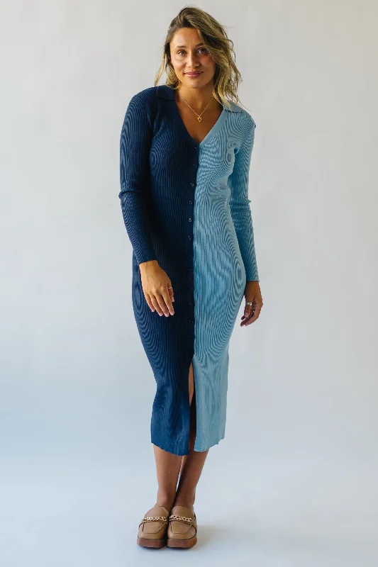 Elevate your look with premium women’s wear The Hudlow Two-Tone Midi Dress in Navy + Light Blue Elevate your look with premium women’s wear The Hudlow Two-Tone Midi Dress in Navy + Light Blue