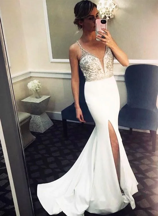 Classic pieces for a timeless wardrobe White v neck long prom dress, mermaid evening dress cg14822 Classic pieces for a timeless wardrobe White v neck long prom dress, mermaid evening dress cg14822