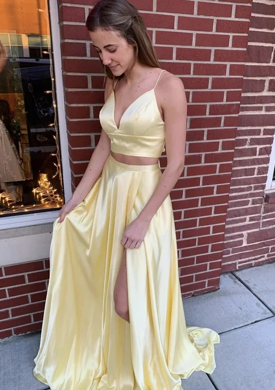 Elevate your look with premium women’s wear Yellow satin long prom dress two pieces evening dress cg14827 Elevate your look with premium women’s wear Yellow satin long prom dress two pieces evening dress cg14827