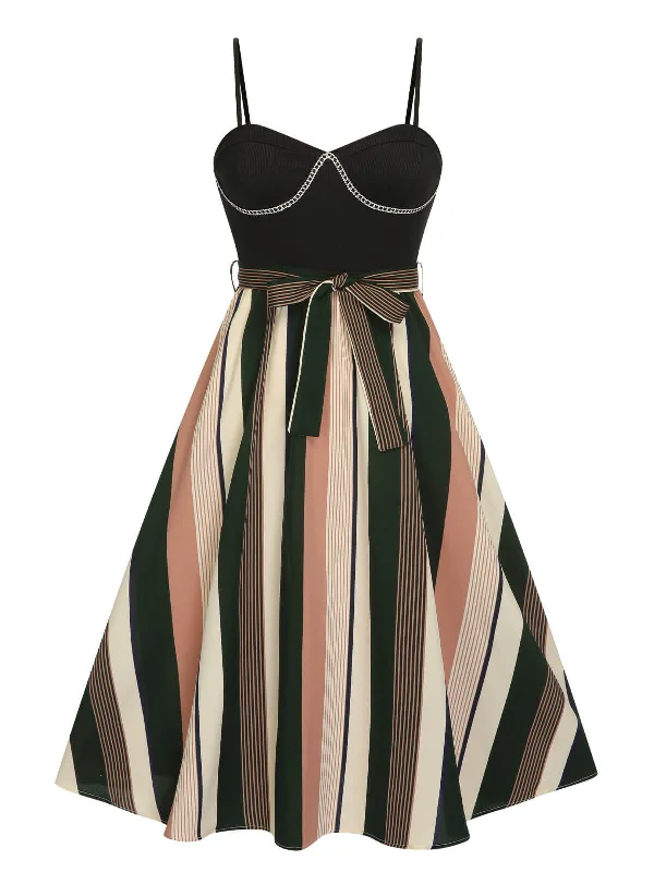 Dress up or down with these versatile pieces   Black 1940s Waist Tie Stripe Straps Dress