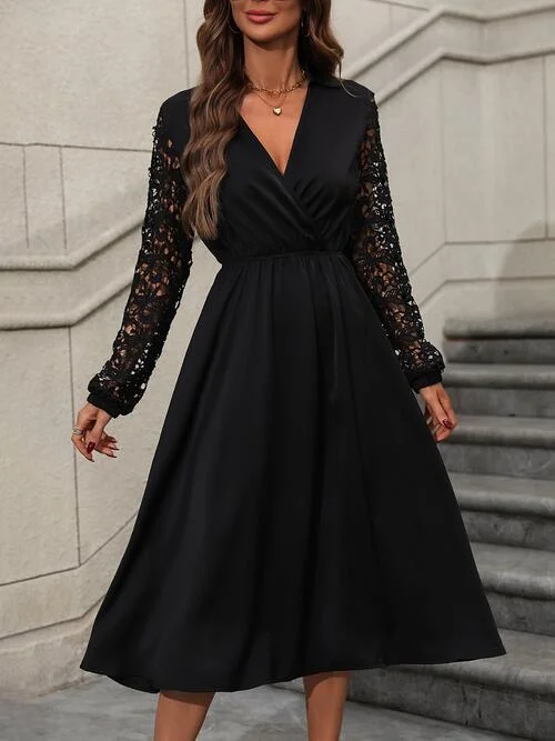 Stylish and comfortable outfits for women   Crochet Long Sleeve Surplice Dress