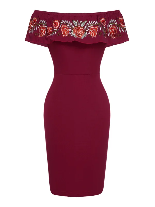 Versatile fashion for every type of woman Deep Red 1960s Off-Shoulder Embroidered Dress Versatile fashion for every type of woman Deep Red 1960s Off-Shoulder Embroidered Dress