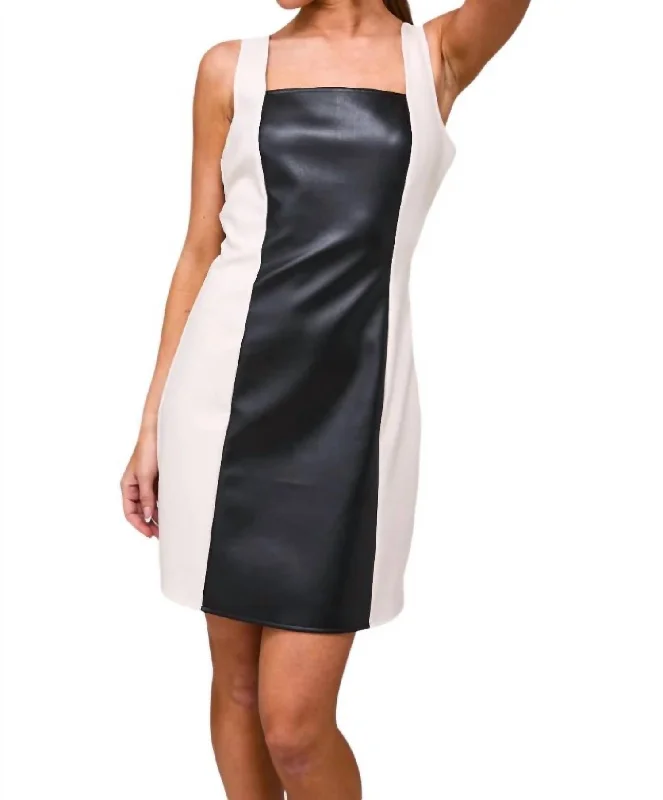 Comfortable yet stylish outfits for women on the go Faux Leather Colorblock Dress In Black/white Comfortable yet stylish outfits for women on the go Faux Leather Colorblock Dress In Black/white