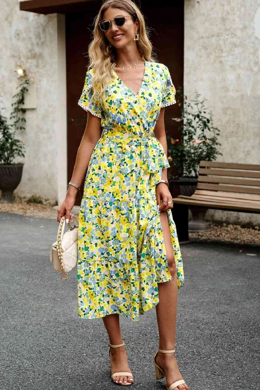 Affordable fashion that looks high-end   Floral Surplice Neck Tie Waist Slit Dress