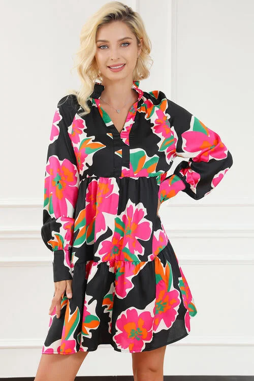 Dress to impress with elegant women’s wear   Flower Print Notched Ruffle Hem Dress