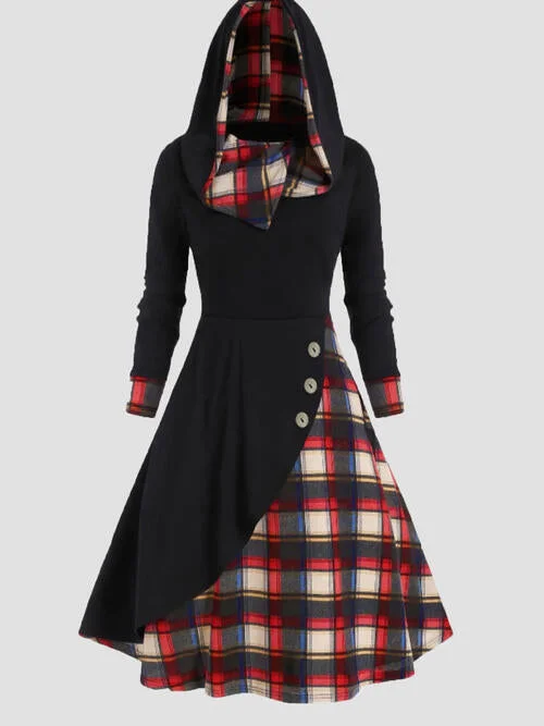 Classic pieces for a timeless wardrobe Plus Size Plaid Buttoned Long Sleeve Hooded Dress Classic pieces for a timeless wardrobe Plus Size Plaid Buttoned Long Sleeve Hooded Dress