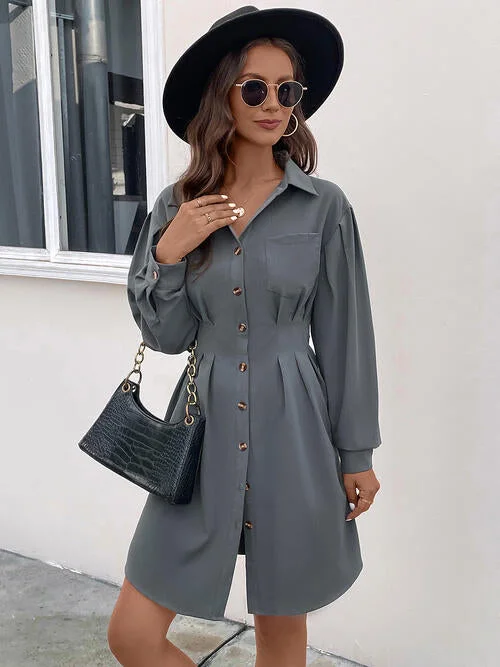 Refresh your wardrobe with trendy women’s apparel Pocketed Buttoned Collared Neck Dress Refresh your wardrobe with trendy women’s apparel Pocketed Buttoned Collared Neck Dress