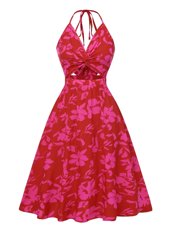 Affordable stylish women’s fashion collection   Rose Red 1930s Halter Hollow Floral Dress