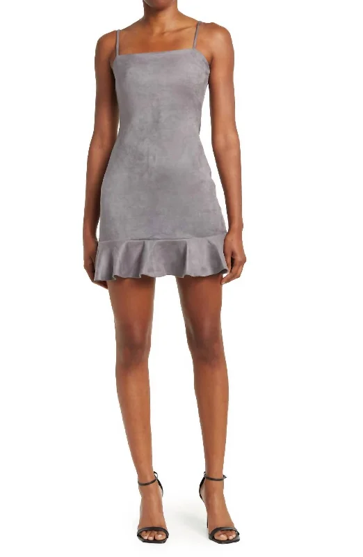 Sustainable fashion for stylish women Ruffle Hem Sleeveless Faux Suede Dress In Silver Sustainable fashion for stylish women Ruffle Hem Sleeveless Faux Suede Dress In Silver