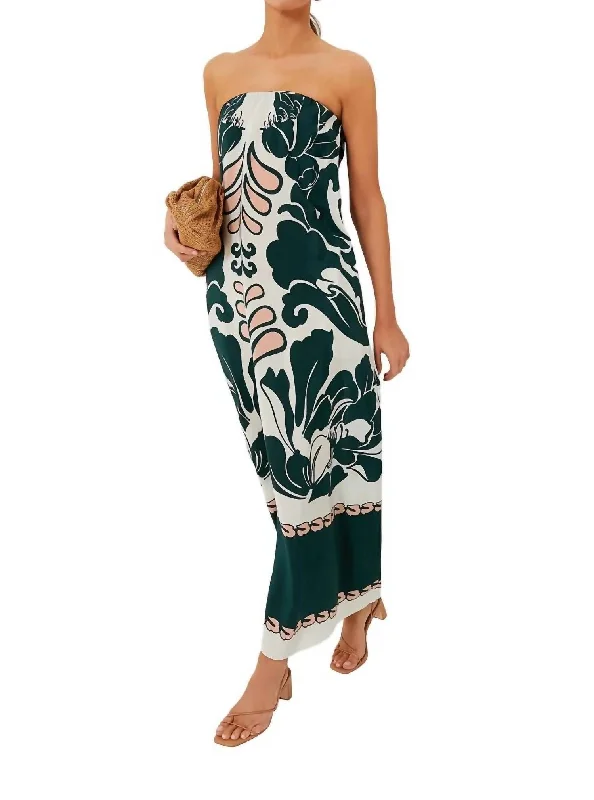 Elegant and comfortable women’s fashion wear   Spray Of Flower Strapless Long Dress In Dark Green